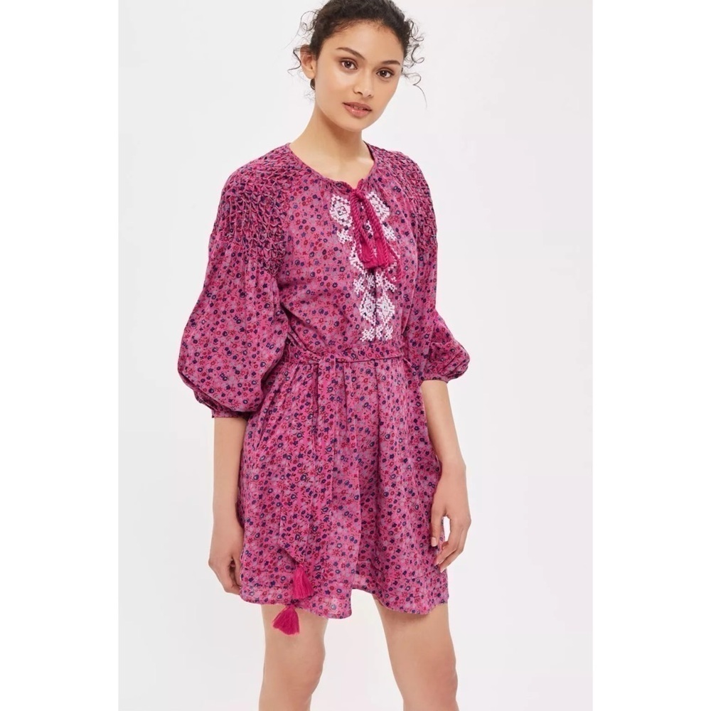 Topshop Ditsy Floral Print Embroidered Kaftan Tassel Tunic Dress in Pink US 6